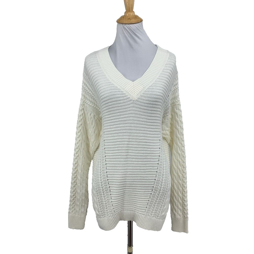 Caslon Sweater Womens S Small Ivory Cable Knit V Neck Pullover Drop Shoulder